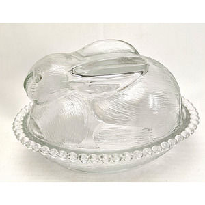 Vintage Clear Glass Sleeping Rabbit Covered Trinket Oval Candy Beaded Dish